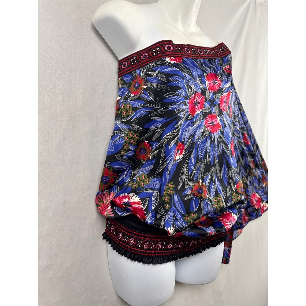 Ice One Shoulder Blouse Women XL Blue Pink Floral Butterfly Sleeve Smocked Hem - Picture 3 of 11